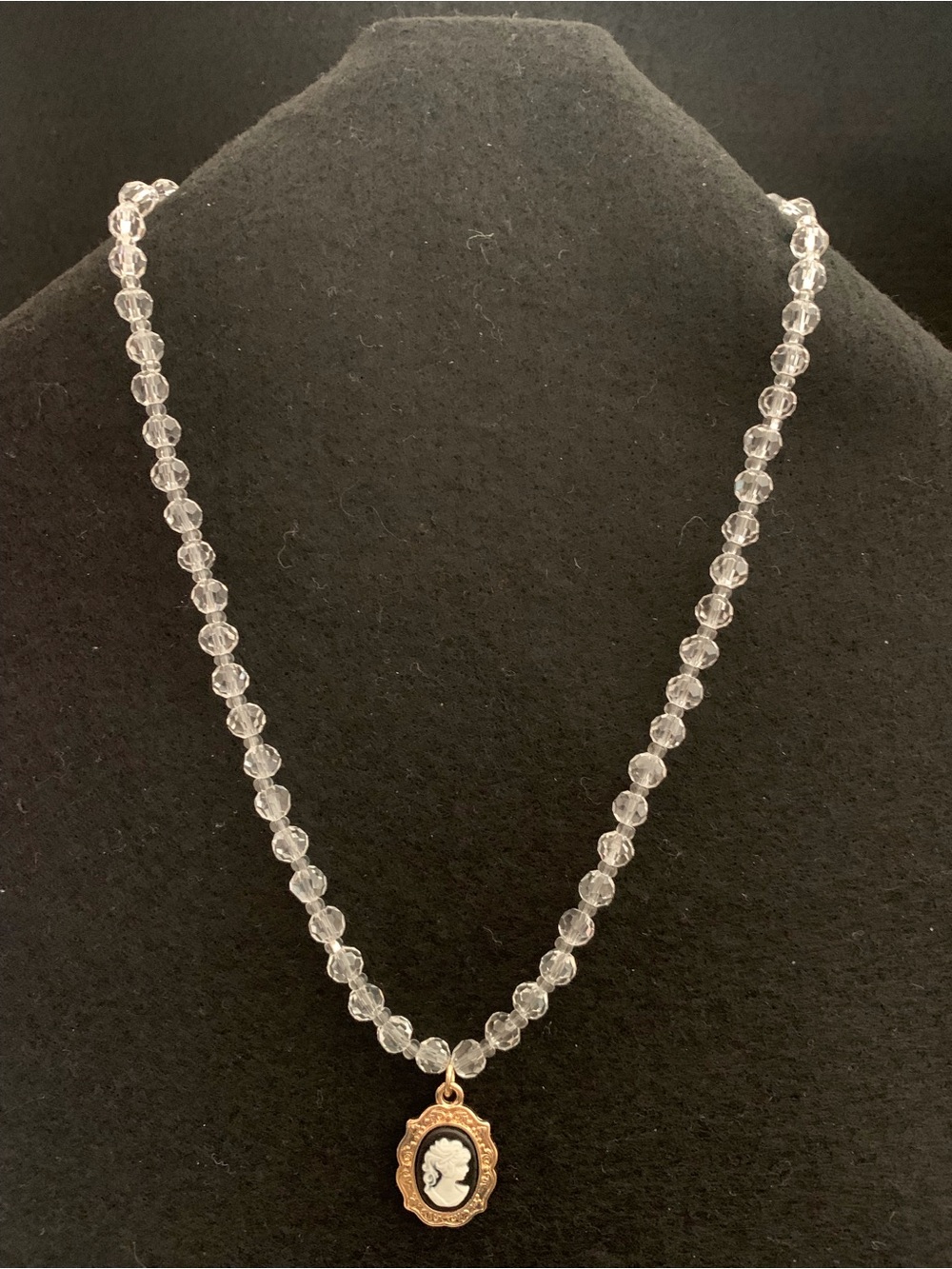 Vintage-Inspired Clear Bead Necklace with Cameo Pendant
